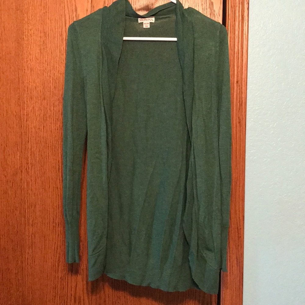 Green cardigan.